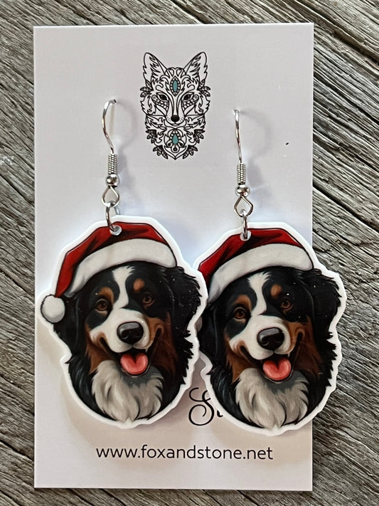 Australian Shepard Santa Hat Dog Earrings