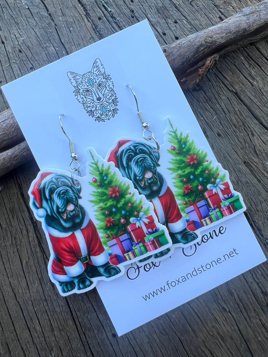 Neo Mastiff Santa Hat Dog Earrings
