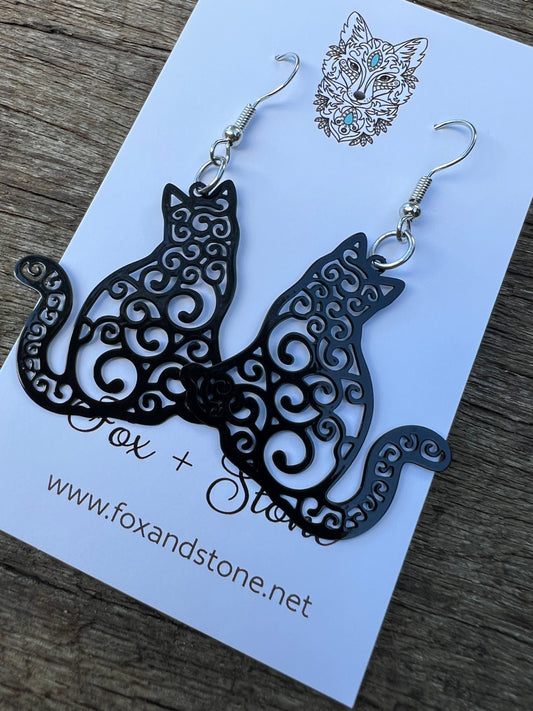 Cat Love Black Filigree Earrings
