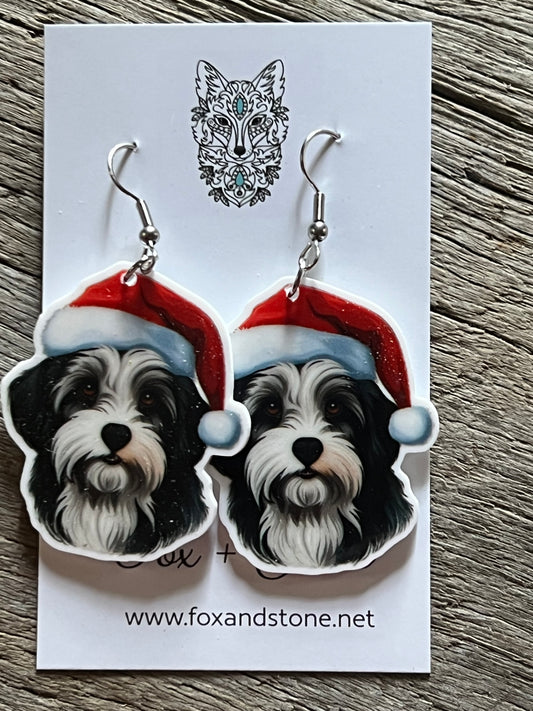Biewer Terrier Santa Hat Dog Earrings