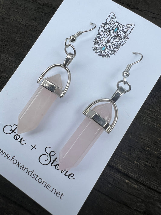 Rose Quartz Gemstone Bullet Point Earrings