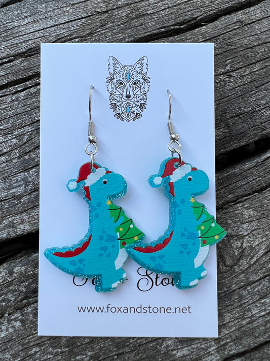 Blue Dino Xmas Earrings
