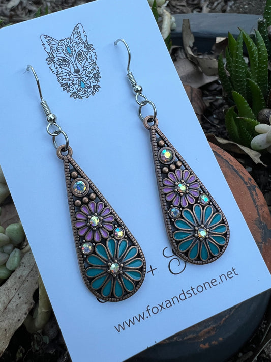 Pretty Teal and Lilac Daisy Earrings