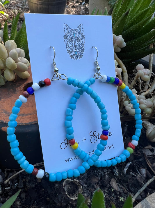 Blue Large Beaded Hoop Earrings