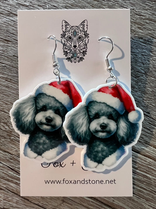 Poodle Santa Hat Dog Earrings 1