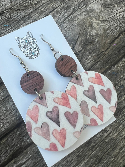 Round Wood Hearts Print Dangles