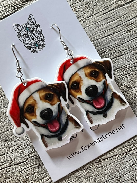 Jack Russell Santa Hat Dog Earrings