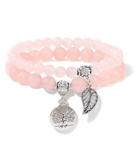Rose Quartz Double Natural Stone Bracelets Silver
