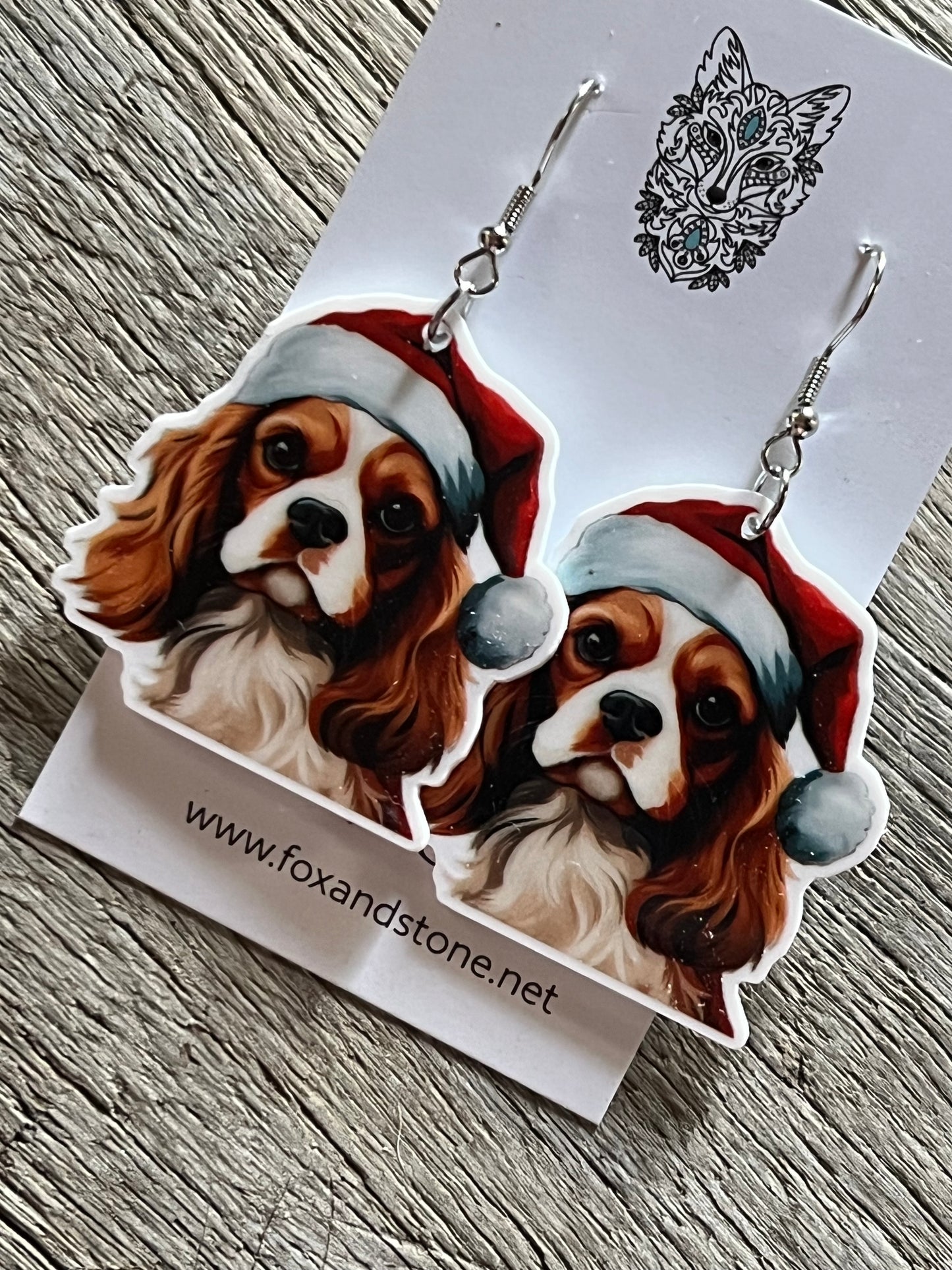 Cavalier King Charles Santa Hat Dog Earrings