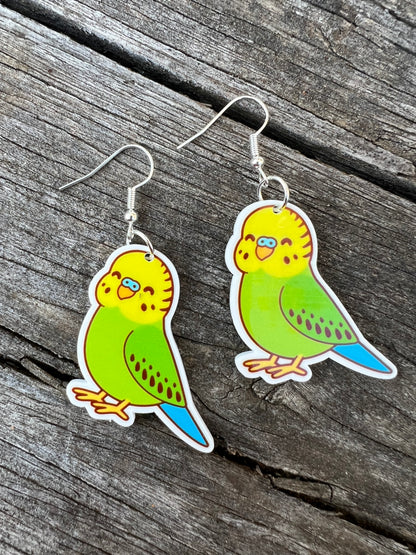 Green Budgie Bird Earrings