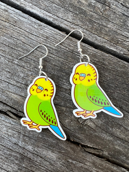 Green Budgie Bird Earrings