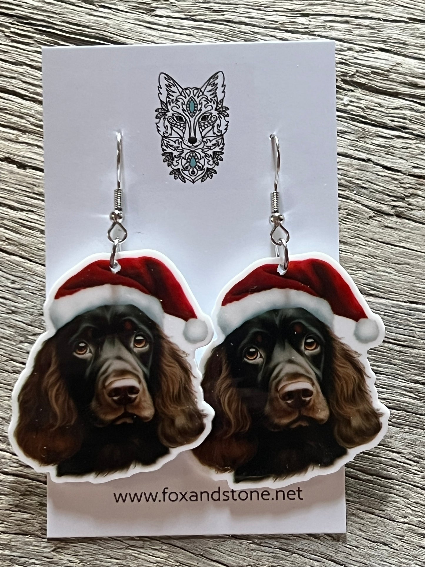 Cocker Spaniel Dark Santa Hat Dog Earrings