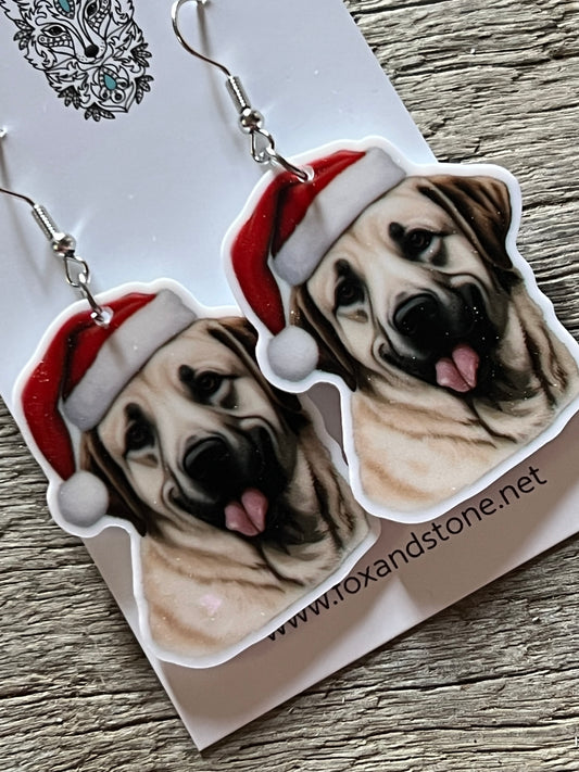 Anatolian Shepard Santa Hat Dog Earrings