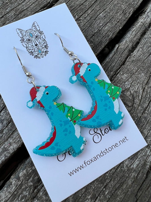 Blue Dino Xmas Earrings
