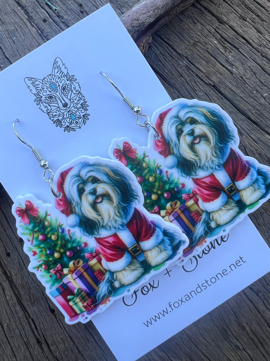 Lowchen Santa Hat Dog Earrings