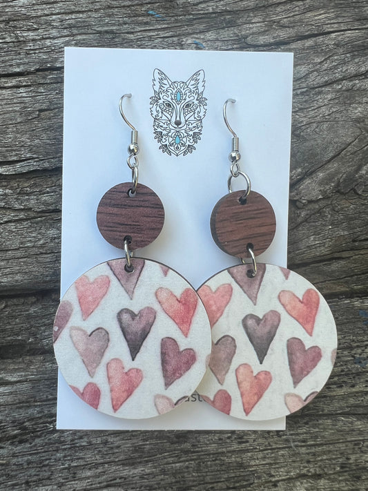 Round Wood Hearts Print Dangles