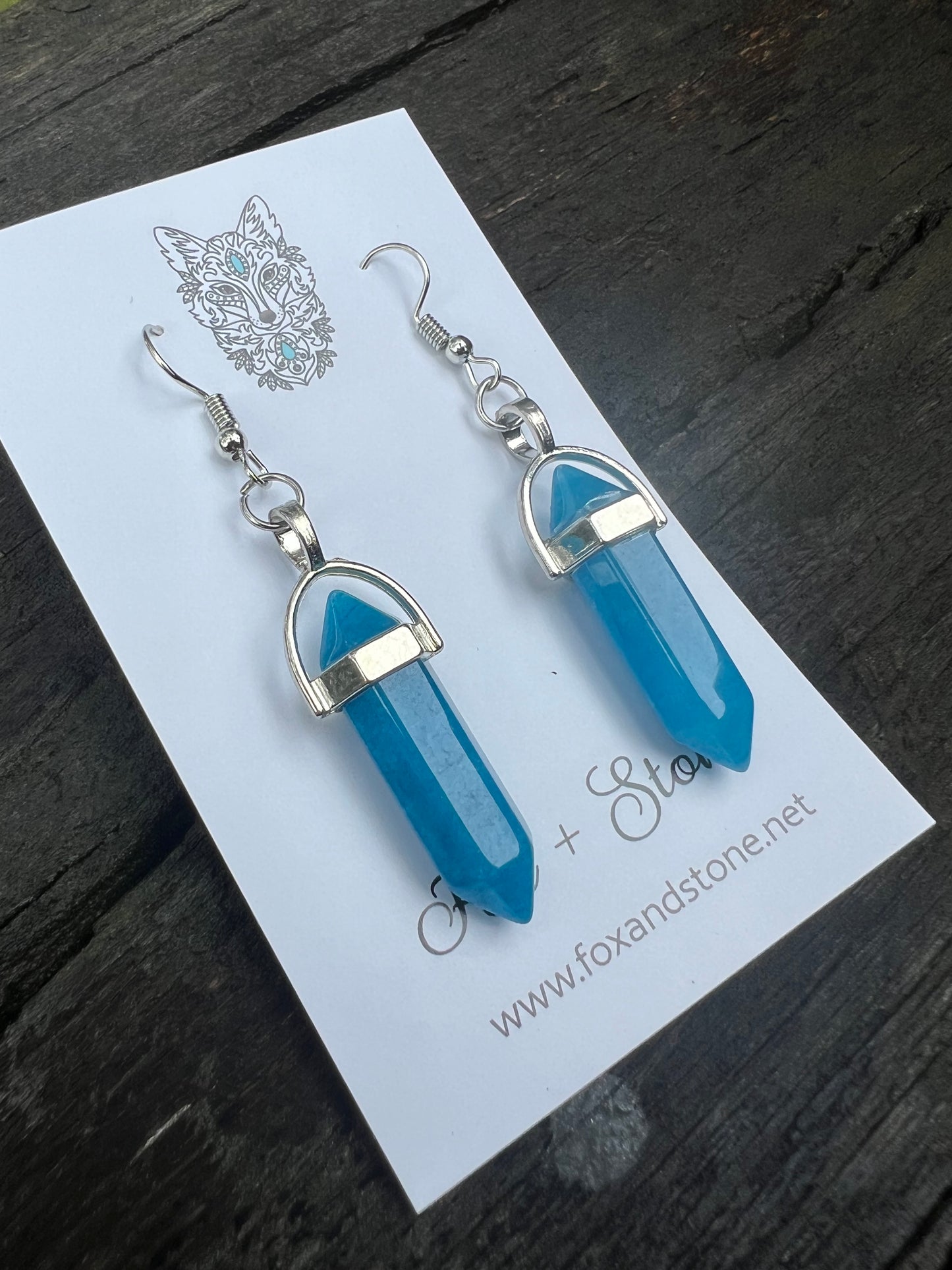 Blue Agate Gemstone Bullet Point Earrings