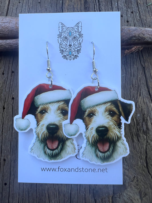 Fox Terrier Santa Hat Dog Earrings