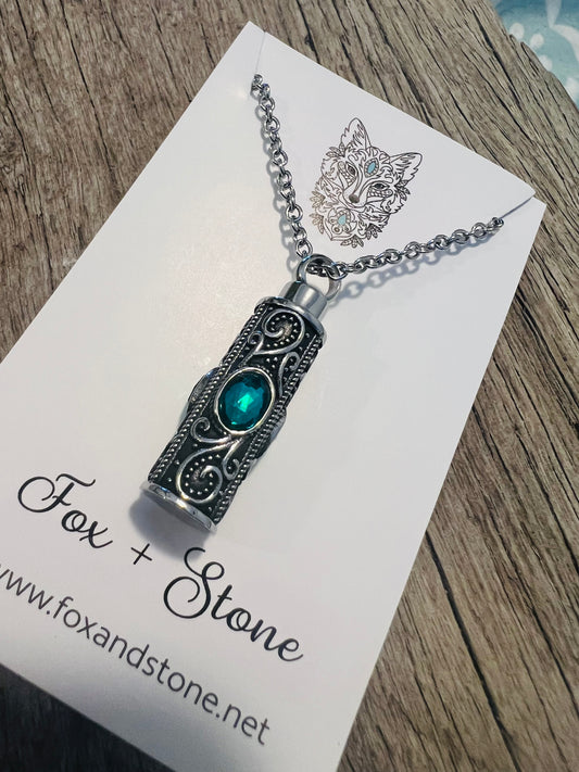 Ashes Keepsake Pendant Stainless Steel Deep Green Stones