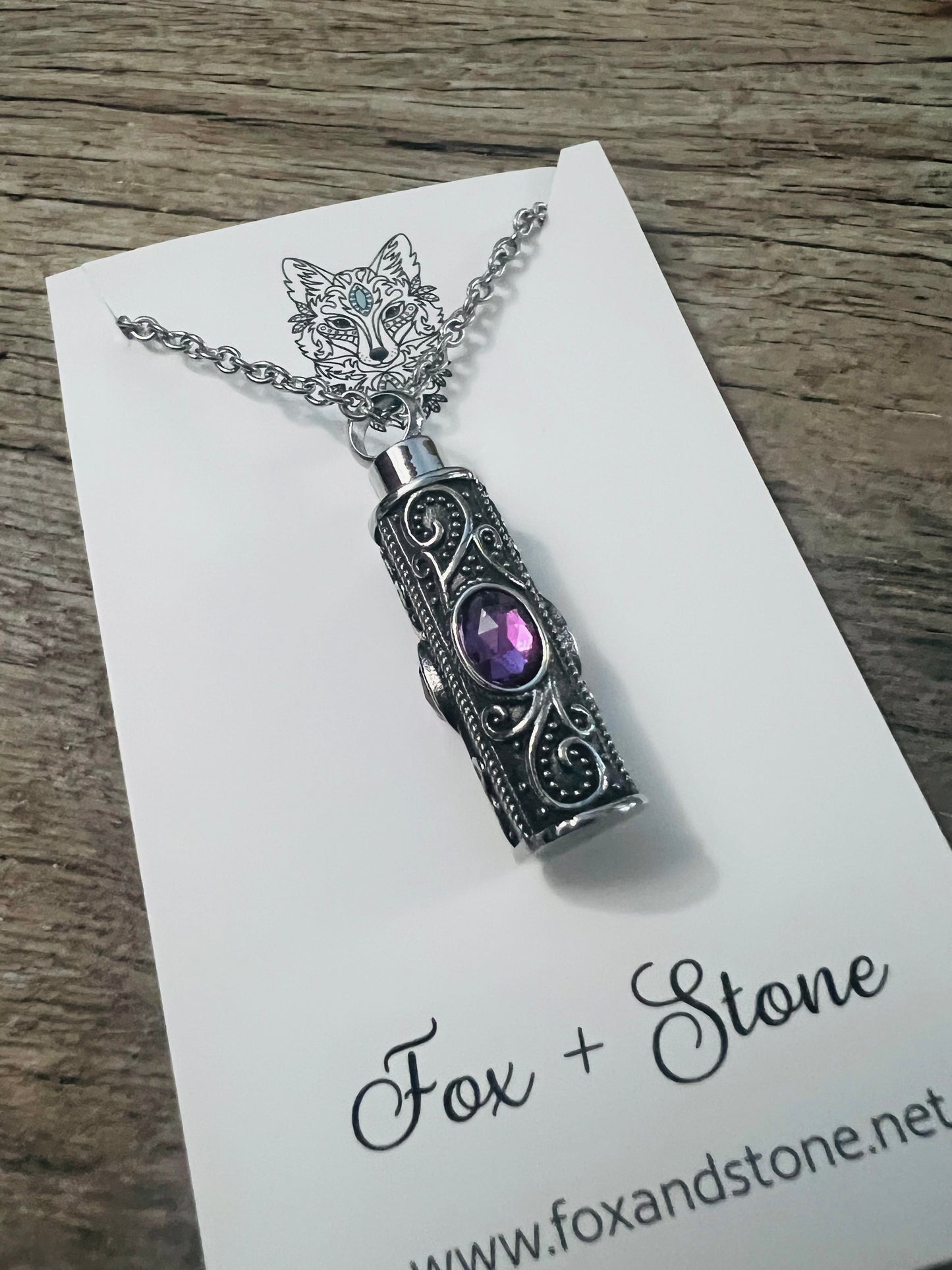 Ashes Keepsake Pendant Stainless Steel Purple Stones