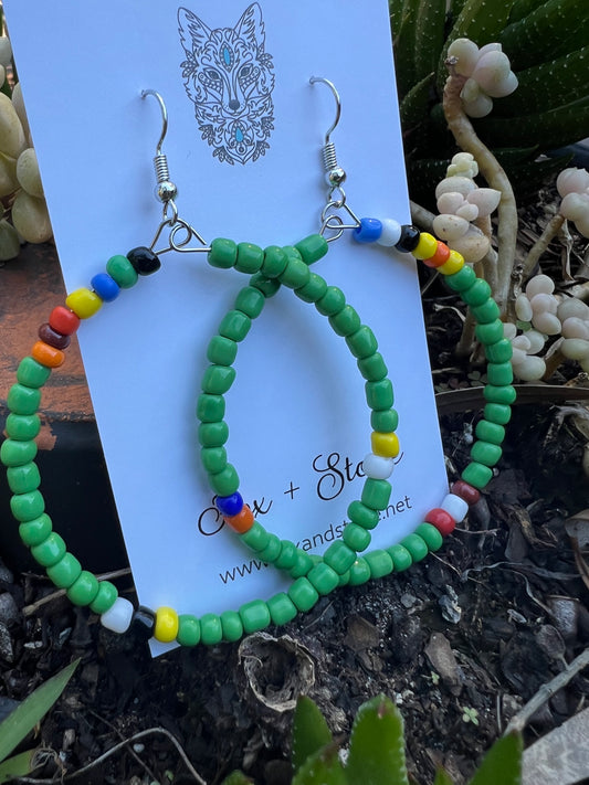 Green Large Beaded Hoop Earrings