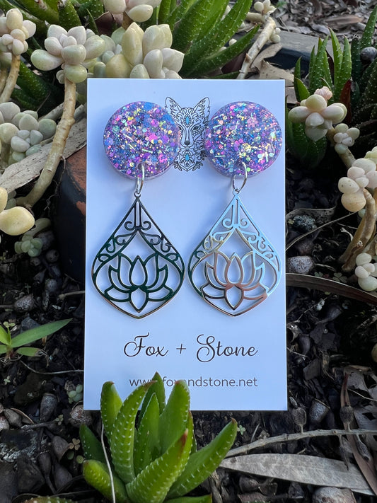 Lotus Flower Sparkle Glitter Earrings