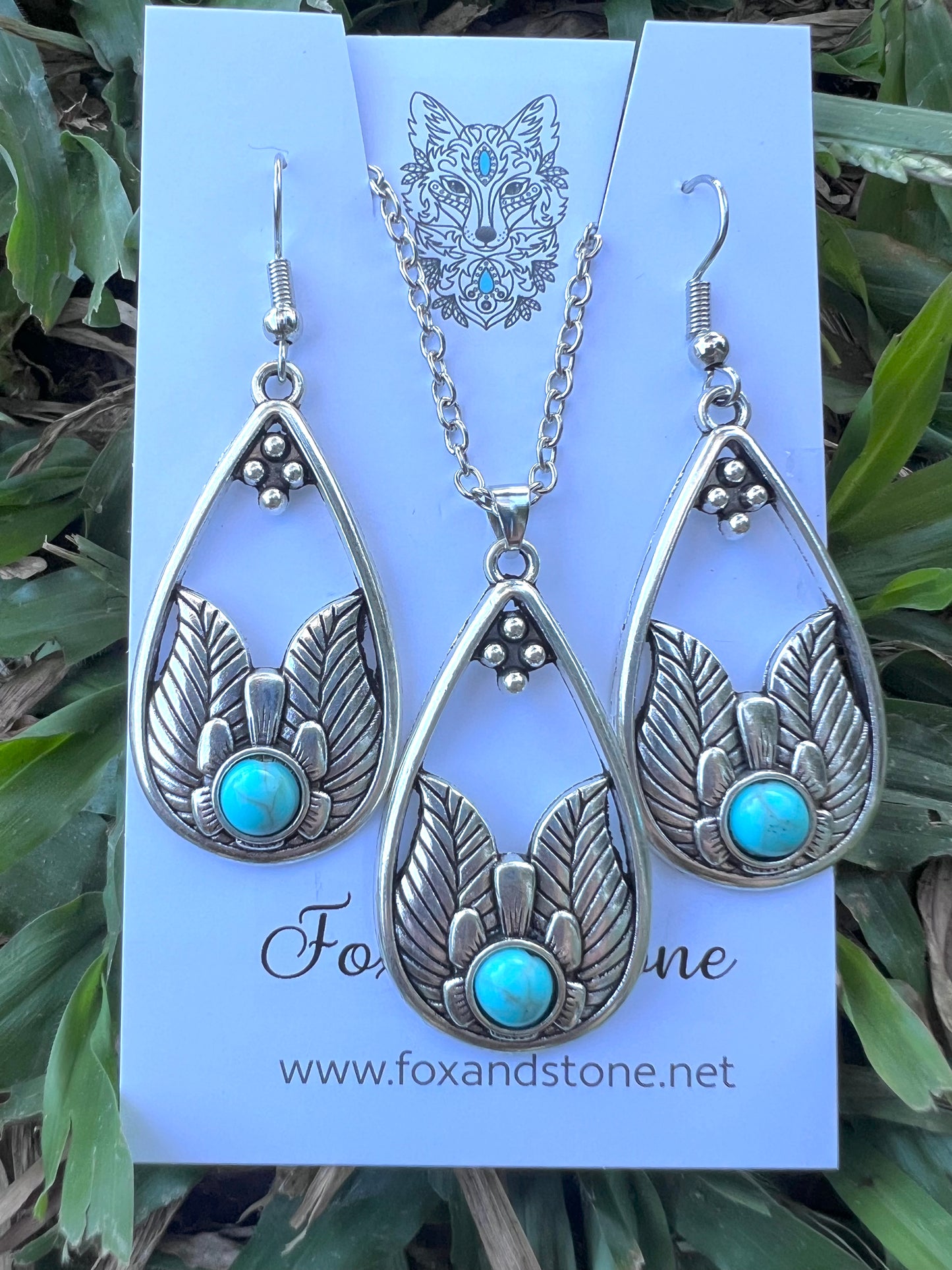 Turquoise Silver Pendant Earring Set