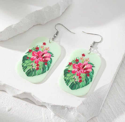 Hibiscus Mint Floral Resin Earrings