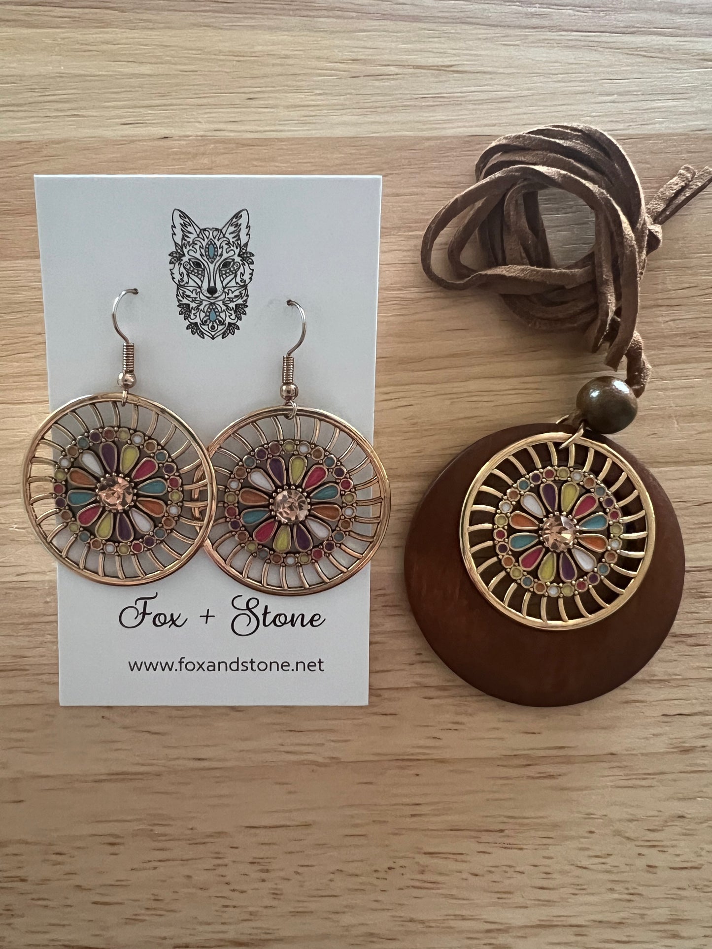 Gold Flower Pendant Earring Set
