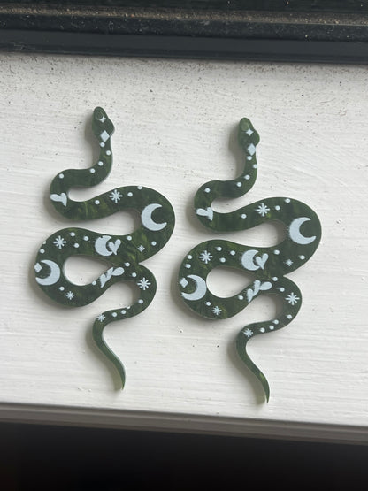 Green Moon Stars Snake Earrings
