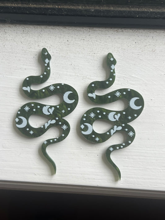 Green Moon Stars Snake Earrings