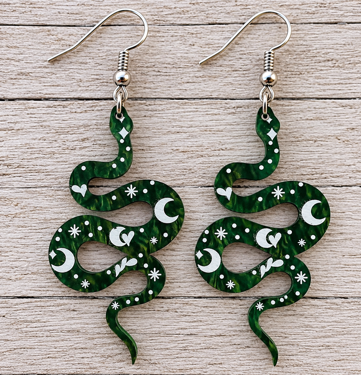 Green Moon Stars Snake Earrings