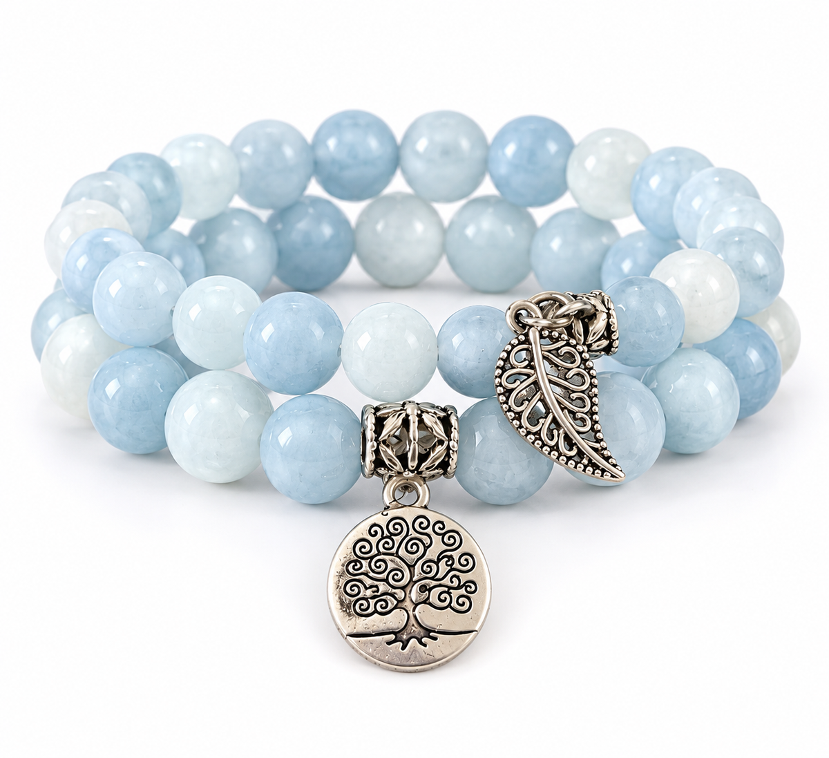 Blue Aquamarine Double Natural Stone Bracelets Silver