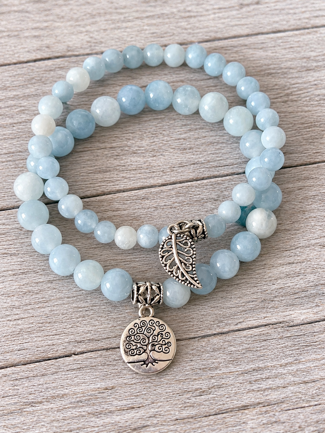 Blue Aquamarine Double Natural Stone Bracelets Silver