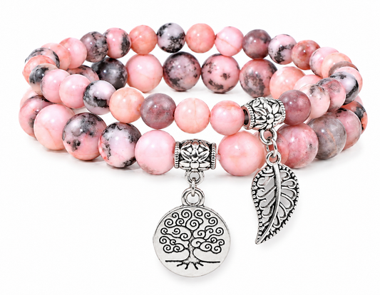 Pink Zebra Jasper Double Natural Stone Bracelets Silver