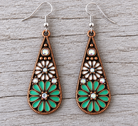 Teardrop Green Daisy Earrings