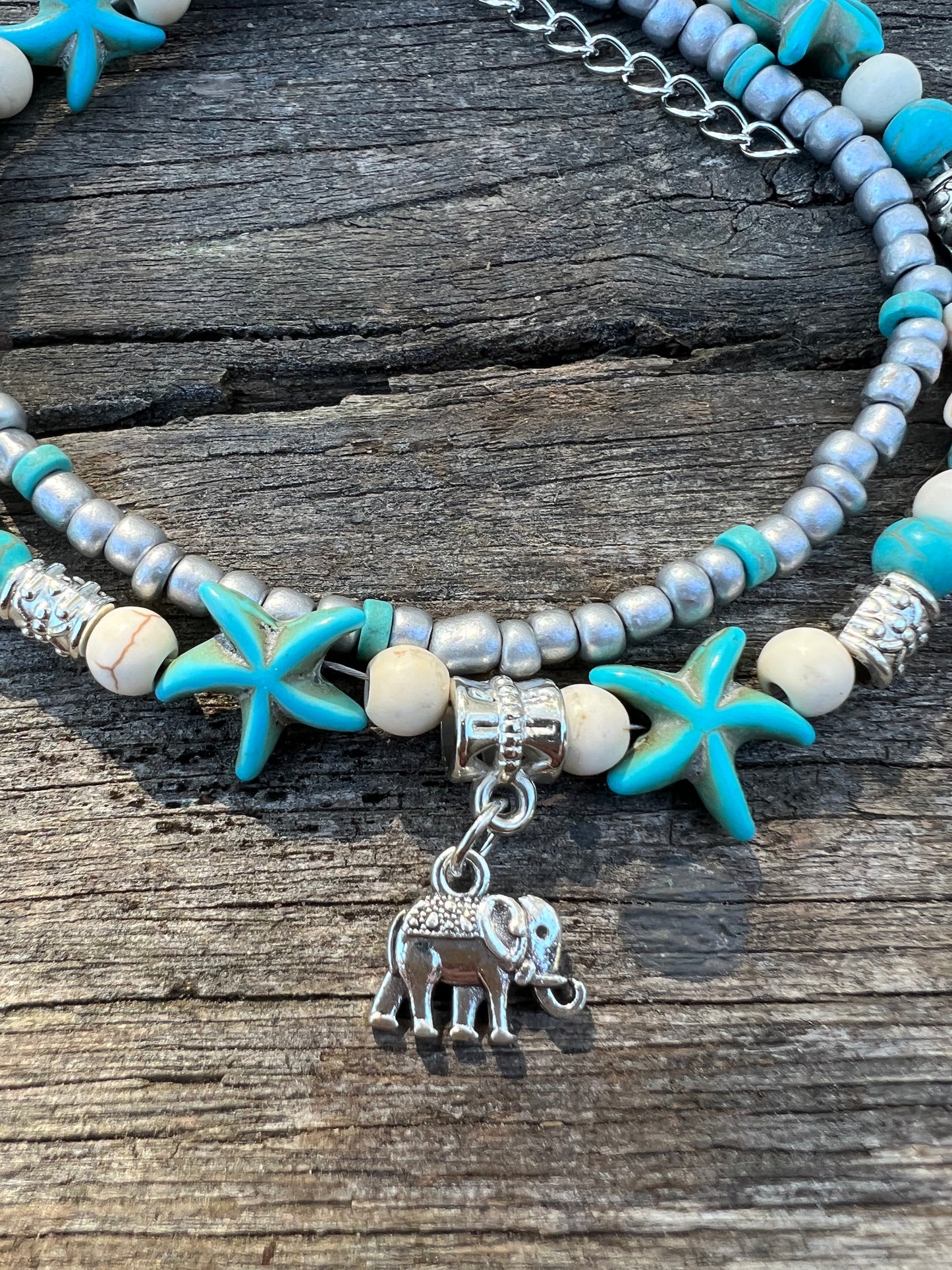 Elephant Turquoise Bead Layered Anklet