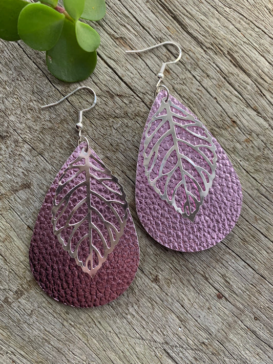 Pink Silver Leaf Vegan Earrings