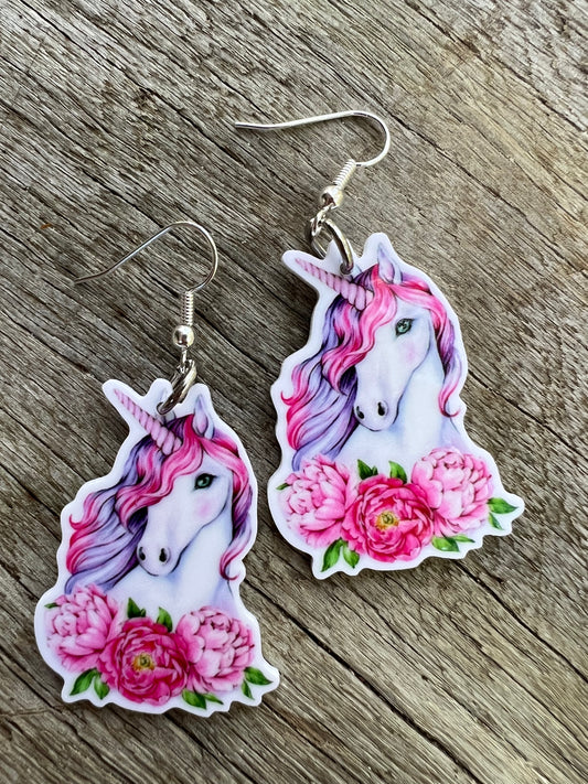 Pink Floral Unicorn Earrings