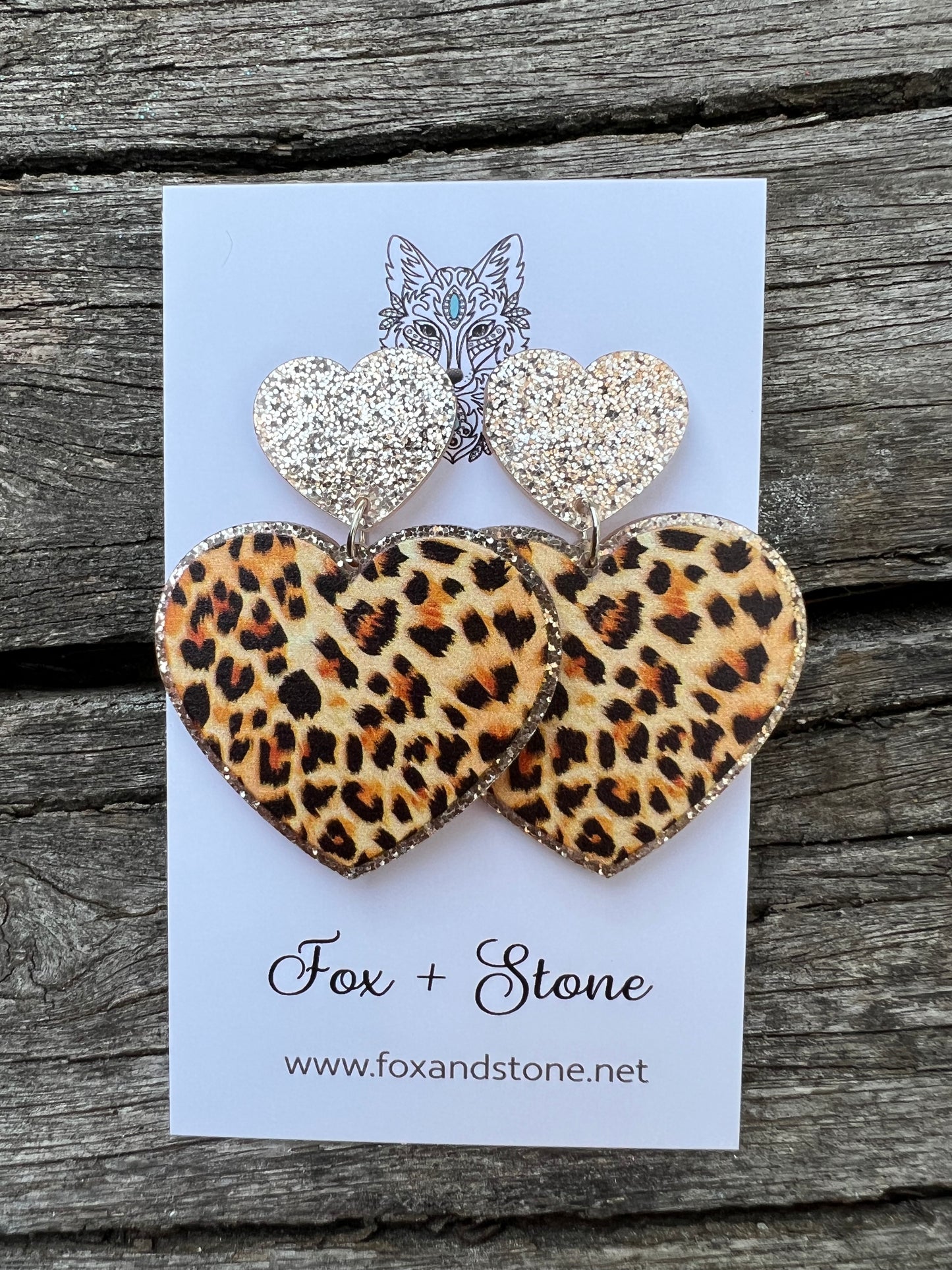 Gold Shimmer Leopard Glitter Hearts Earrings