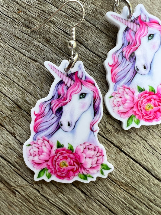 Pink Floral Unicorn Earrings