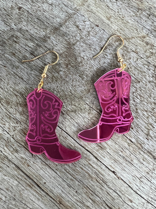 Pink Mirror Cowboy Boot Earrings