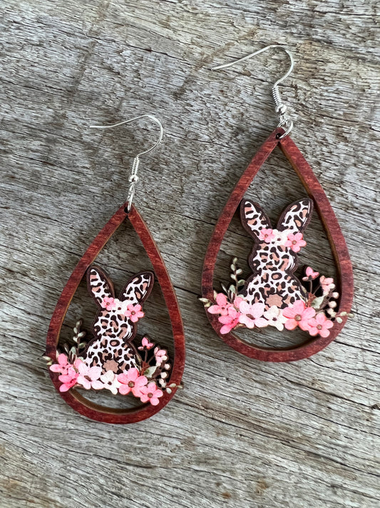 Easter Bunny Natural Wood Earrings