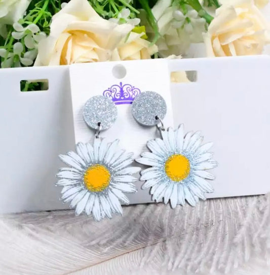 Silver Glitter Flower Earrings