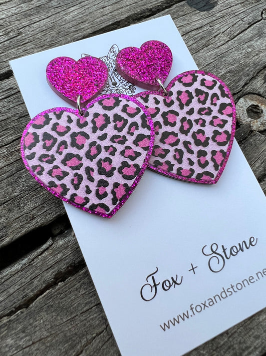 Hot Pink Leopard Glitter Hearts Earrings