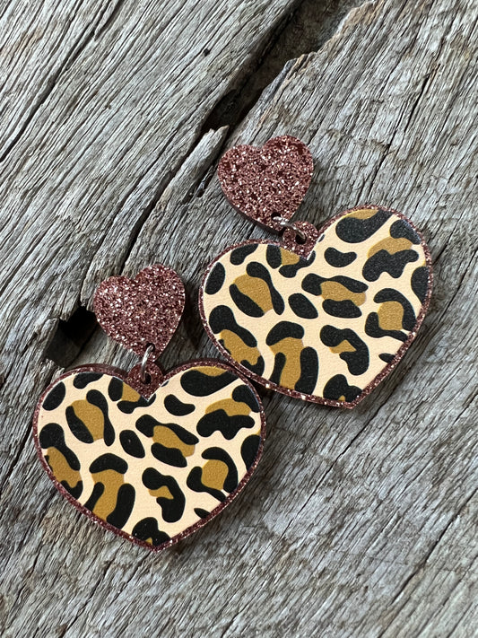 Leopard Glitter Hearts Earrings