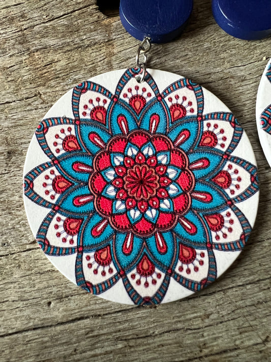 Big Bold Blue Print Wood Earrings