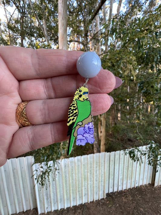 Green Budgie Bird Stud Earrings