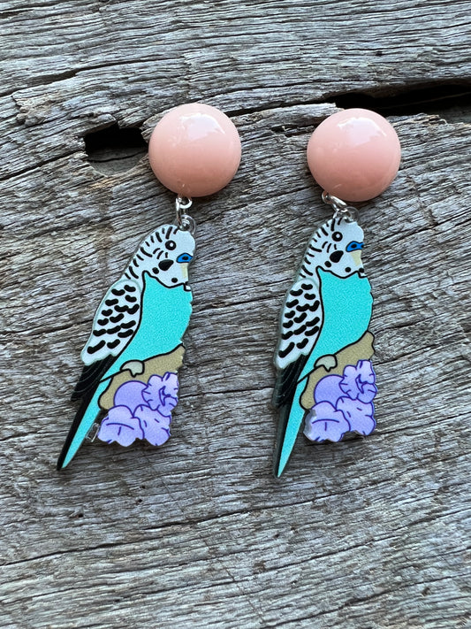 Blue Budgie Bird Stud Earrings