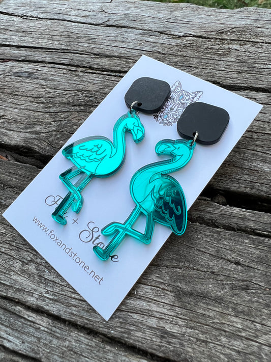 Mirror Teal Acrylic Flamingo Earrings